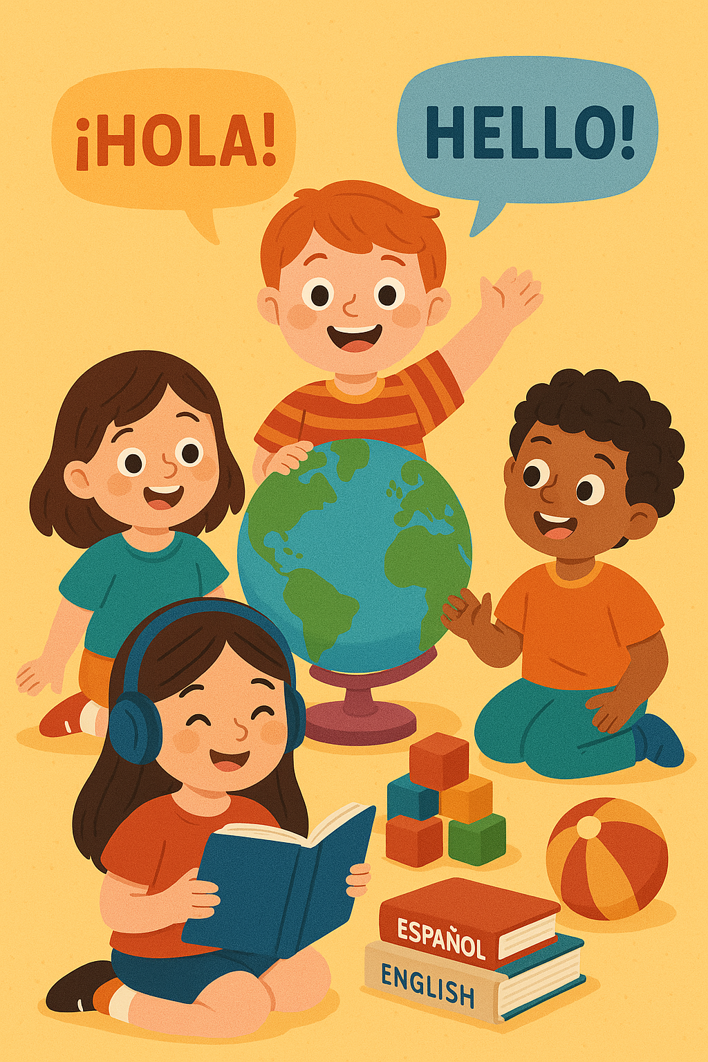 Vier fröhliche Kinder lernen gemeinsam Sprachen mit Büchern, einem Globus und Spielzeug in einer farbenfrohen, kinderfreundlichen Illustration